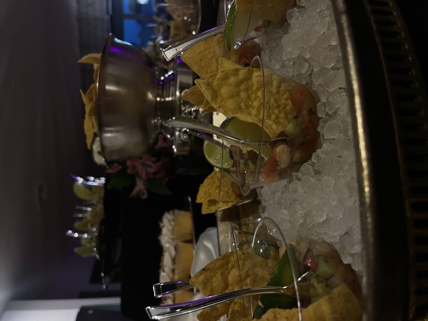 Ceviche cups on ice with tortilla chips