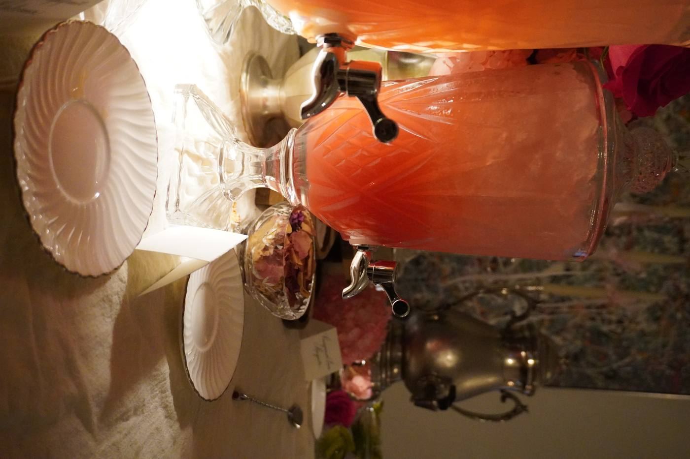 Crystal punch dispenser with strawberry rose refresher