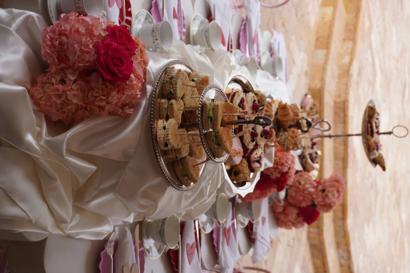 Valentine tea party tiered tower with sandwiches and pastries